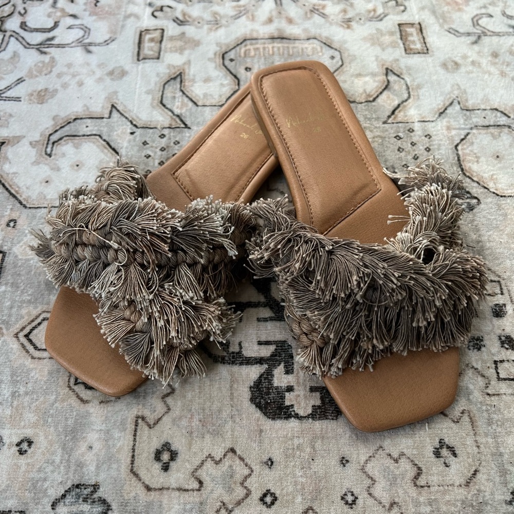 Elegant Fringe Slide Sandals in Tan